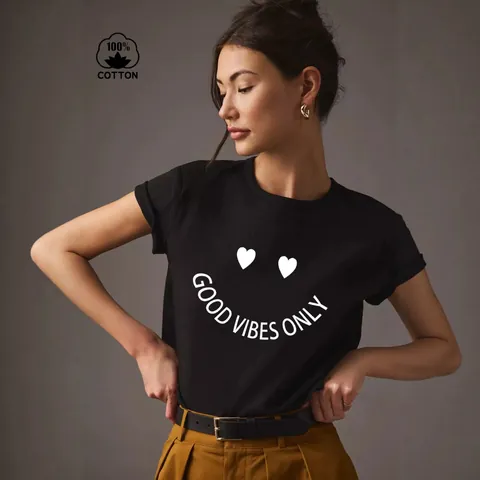 Women Casual 100% Cotton T-Shirt Short Sleeve Round Neck Good Vibes Only Heart Printed Graphic Tee Black Summer Top