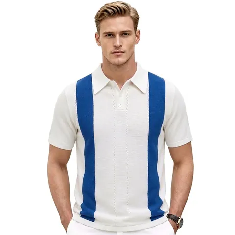Polo da Uomo in Maglia Casual Viscosa a Righe Colore a Contrasto Revers Manica Corta Top Moda Retro Estate Abbigliamento