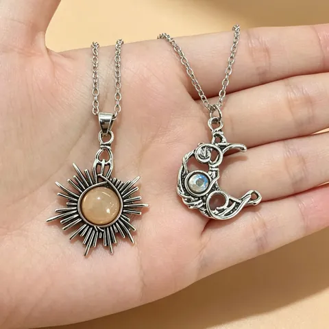 Bohemian Retro Moonstone Moon Pendant Necklace Silver Wire Wrapped Hollow Out Sun Geometric Jewelry For Women