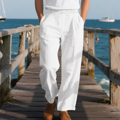 Men Loose Casual Linen Pants American Style Hip Hop Beach Wide Leg Drawstring Trousers Lightweight Breathable Summer Bottoms