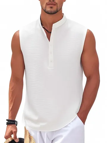 Men's Sleeveless Shirt Stand Collar Polyester Striped Texture Henley Top Casual Summer Breathable Button Down Fashion Vest