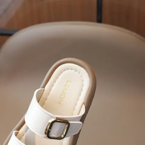 Kids Girls Fashion Thick Sole Slides Sandals With Metal Buckle Decor Korean Style PU Leather Outdoor Casual Beach Slippers