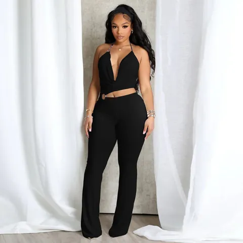 Women Sexy Halter Neck Cut-Out Metal Ring Jumpsuit Backless Flare Leg Jumpsuit Solid Print Polyester Playsuit