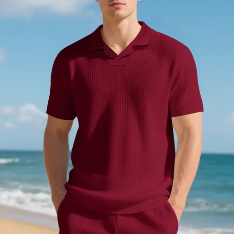 Polo pour Hommes en Tricot Gaufrette Été Américain Simple Ample Décontracté Col Camp Haut Manches Courtes Léger Respirant en Polyester