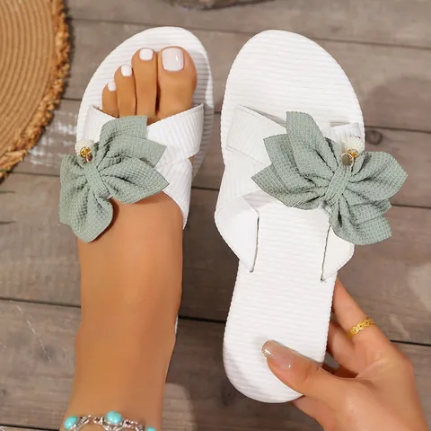Elegant Bow Decoration Flat Slides For Women Casual Summer Beach Sandals PU Leather Rubber Sole Artificial Pearl Charm Shoes