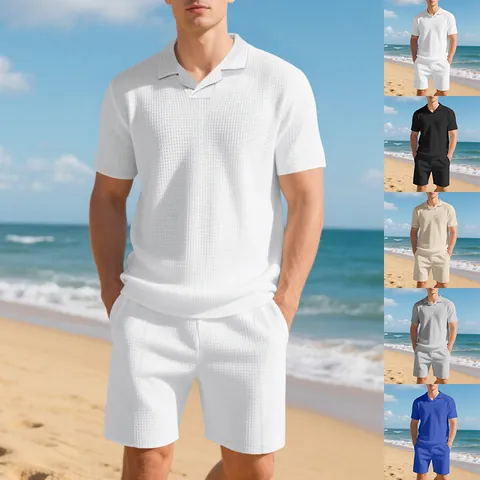 Men Casual Waffle Knit Polo Shirt And Shorts Set American Summer Short Sleeve Top And Bottom Leisure Beach Outfit Resort Wear