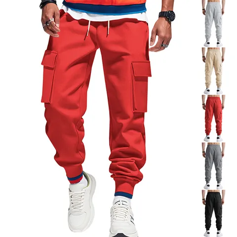 Men Heavyweight American Cargo Joggers Solid Color Polyester Multi-Pocket Sweatpants Drawstring Casual Sport Bottom For Autumn