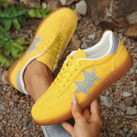 Zapatos de Tabla Casuais para Mujer de Moda con Parche de Estrella Sneakers de Punta Redonda PU Transpirable Suela Blanda Plana Calzado de Marcha