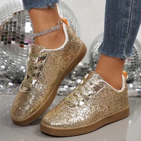 Women's Sparkly Glitter Sneakers Sequin Flat Casual Shoes Round Toe Lace Up Plus Size Fashion Comfortable Low Top Sneakers