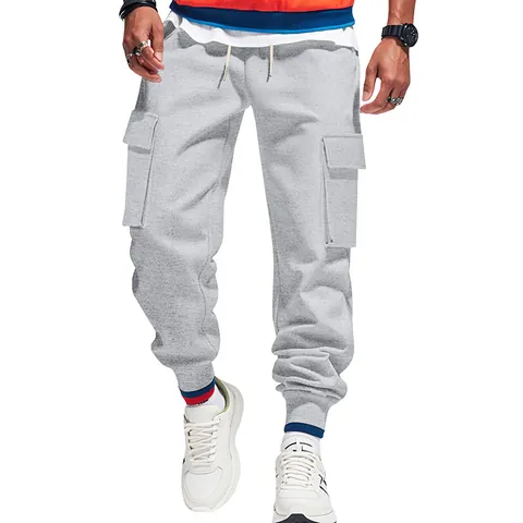 Men Heavyweight American Cargo Joggers Solid Color Polyester Multi-Pocket Sweatpants Drawstring Casual Sport Bottom For Autumn