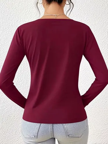 Haut Grande Taille pour Femmes Manches Longues Col en V Élégant Couleur Unie Drapé Torsadé Chemisier en Poliester Décontracté