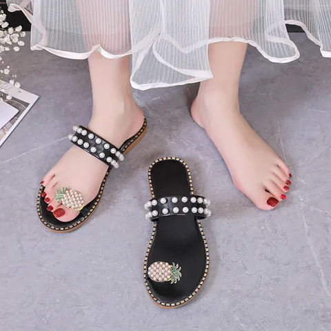 Women Summer Pineapple Rhinestone Flat Sandals Double Row Artificial Pearl Toe Ring Beach Slippers Fashion Casual Outdoor Slide Shoes