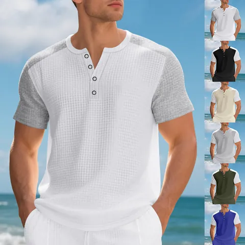Ανδρική Oversized Μπλούζα Henley με Υφή Βάφλας Αμερικάνικη Χρωματική Αντίθεση Κοντομάνικο Casual T-Shirt Πολυεστέρα