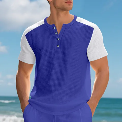 Ανδρική Oversized Μπλούζα Henley με Υφή Βάφλας Αμερικάνικη Χρωματική Αντίθεση Κοντομάνικο Casual T-Shirt Πολυεστέρα