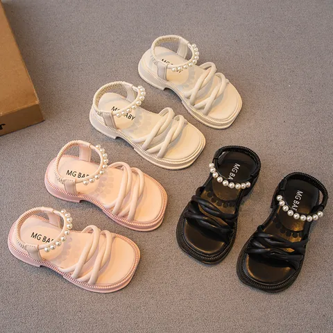 Girls Summer Open Toe Flat Sandals Fashion Soft Sole Princess Shoes Artificial Pearl Synthetic Leather Outdoor Footwear
