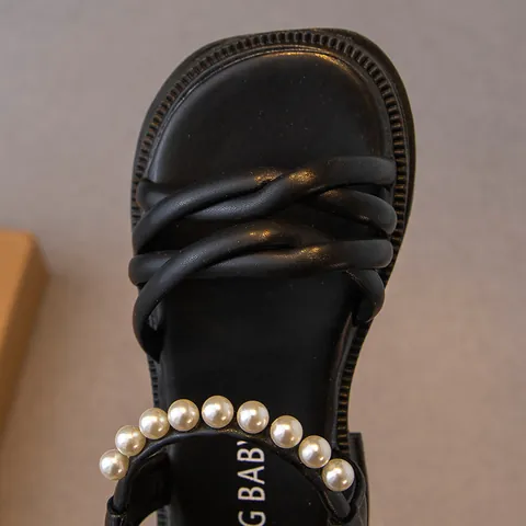 Girls Summer Open Toe Flat Sandals Fashion Soft Sole Princess Shoes Artificial Pearl Synthetic Leather Outdoor Footwear