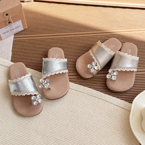 Pantuflas de Verano con Anillo de Punta de Encaje y Diamantes de Imitación para Niñas Sandalias Planas Estilo Princesa Francesa para Niños