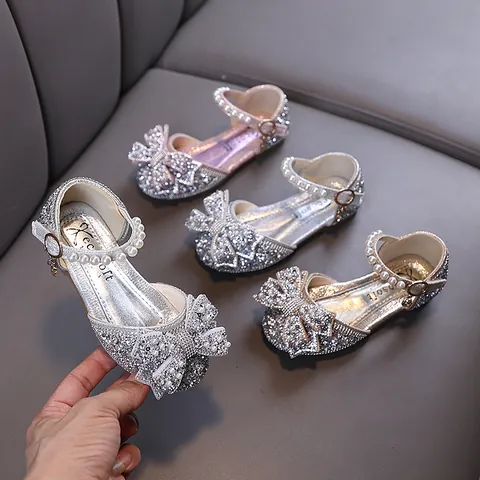 Girls Princess Rhinestone Shoes Artificial Pearl Bow Party Wedding Dance Shoes Toddler Kid Ladylike PU Leather Single Shoes