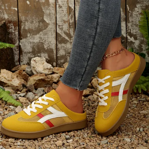 Women Casual Retro Backless Sneakers PU Mesh Breathable Low Top Board Shoes Fashion Daily Leisure Outdoor Large Size Shoes