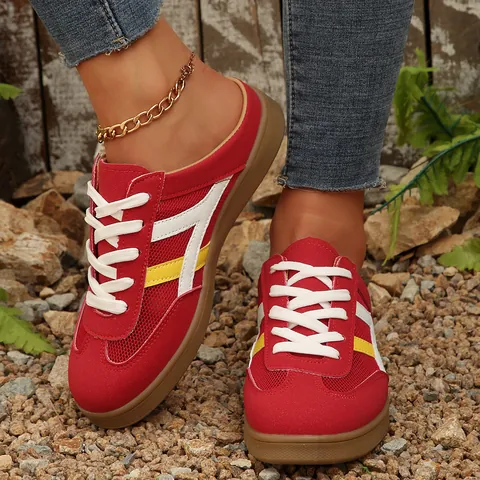 Women Casual Retro Backless Sneakers PU Mesh Breathable Low Top Board Shoes Fashion Daily Leisure Outdoor Large Size Shoes