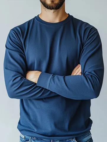 Men's Solid Color Long Sleeve Cotton T-Shirt Crew Neck Ribbed Cuff Casual Pullover Top Basic Plain Tee Fashion Apparel