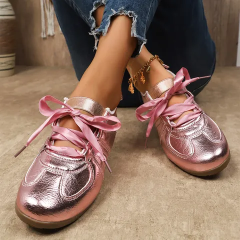 Sneakers GAT Metallizzate Retrò da Donna Con Lacci in Satin Scarpe Basse Casual a Punta Tonda Grandi Dimensioni Moda