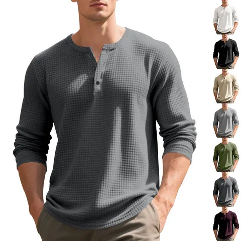 Men's American Vintage Heavyweight Waffle Knit Long Sleeve Henley Shirt Solid Color Button Down Casual Polyester Top