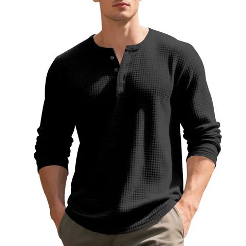 Men's American Vintage Heavyweight Waffle Knit Long Sleeve Henley Shirt Solid Color Button Down Casual Polyester Top