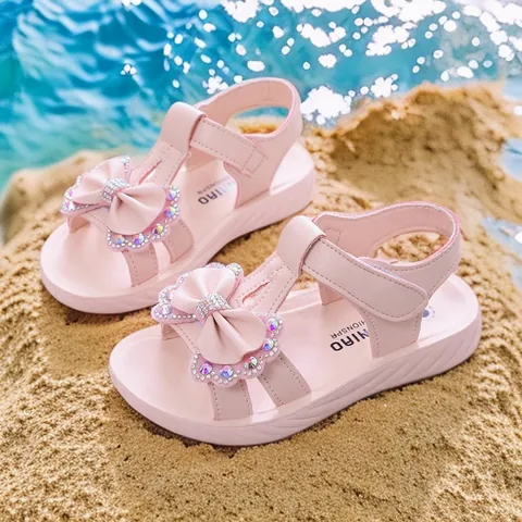 Girls Princess Sandals Bow Rhinestone Soft Sole Summer Beach Shoes For Kids Big Girls White Pink