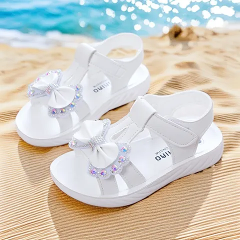 Girls Princess Sandals Bow Rhinestone Soft Sole Summer Beach Shoes For Kids Big Girls White Pink