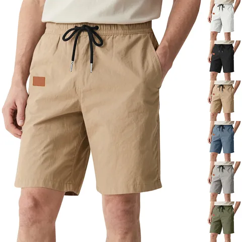 Men Summer Casual Twill Shorts Loose Breathable Beach Sports Shorts With Elastic Drawstring Waist Solid Color Polyester Five-Point Pants