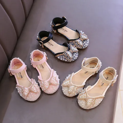 Girls Pearl Bow Princess Sandals Summer Kids Fairy Style Crystal Rhinestone Sandals Artificial Leather Upper Rubber Sole