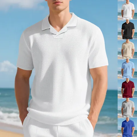 Maglia Polo da Uomo a Nido d'Ape Collo Berke Manica Corta Casual Taglio Comodo Top Estivo Stile Americano Minimalista
