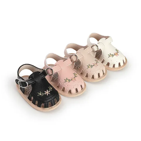 Baby Girls Summer Hollow Out Sandals Floral Embroidery Synthetic Leather Prewalker Shoes Non-slip Soft Sole Infant First Walkers Sandals