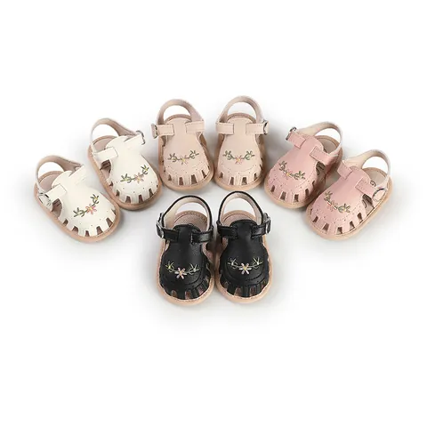 Baby Girls Summer Hollow Out Sandals Floral Embroidery Synthetic Leather Prewalker Shoes Non-slip Soft Sole Infant First Walkers Sandals