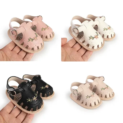 Baby Girl Summer Sandals Flower Embroidered Breathable Hollow Out Soft Sole Newborn Pre-walker Shoes For Three To Twelve Months