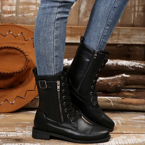 Damen Martin Boots Wadenhoch Rund Zehe PU Leder Seitlicher Reißverschluss Schnürung Lässig Herbst Winter Stiefel
