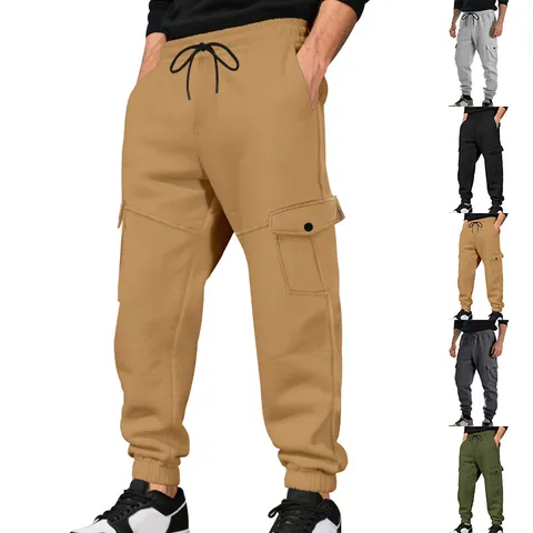 Heren Fleece Gevoerde Cargobroek Casual Losse Trekkoord Multi-Pocket Jogger Broek Winter Warme Outdoor Sportkleding Broek