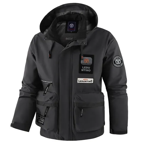 Men Casual Hooded Parka Cargo Jacket LEDUNTINO 1986 Fashion Outdoor Windbreaker Coat For Autumn Winter Men Top