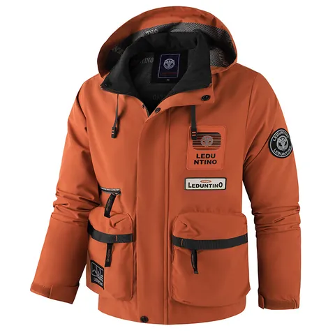 Men Casual Hooded Parka Cargo Jacket LEDUNTINO 1986 Fashion Outdoor Windbreaker Coat For Autumn Winter Men Top
