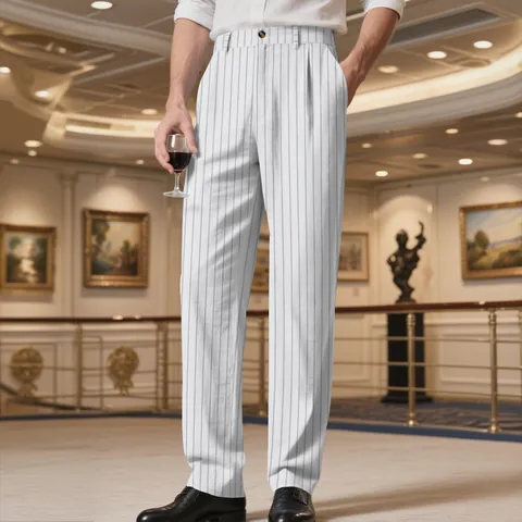 Men Business Casual Linen Pants Striped Breathable Loose Straight Leg Trousers Bottom For Vacation Resort Fashion