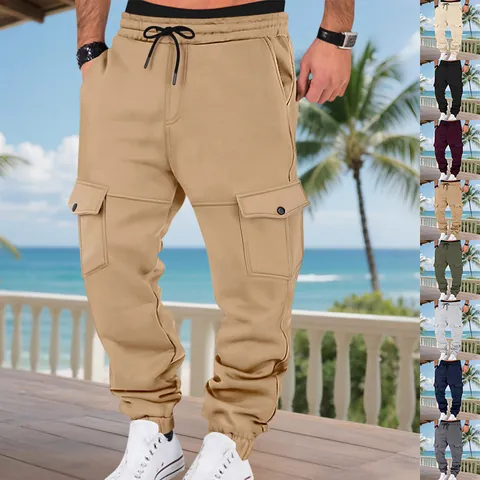 Men's Fleece Lined Cargo Sweatpants Heavyweight Drawstring Loose Jogger Pants with Multiple Pockets Winter Outdoor Casual Bottoms