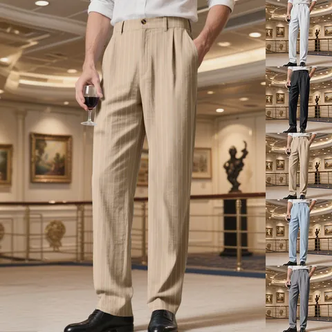 Men Business Casual Linen Pants Striped Breathable Loose Straight Leg Trousers Bottom For Vacation Resort Fashion