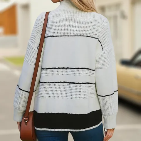 Dames Gestreept Gebreide Trui Kleurblok Knoop Semi-hoge Kraag Lange Mouw Pullover Acryl Warm Top