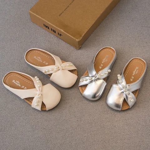 Zapatillas de Moda Princesa para Niñas Decoración de Perlas Artificiales Suela Blanda Correas Cruzadas Sandalias de Playa de Verano Niñas
