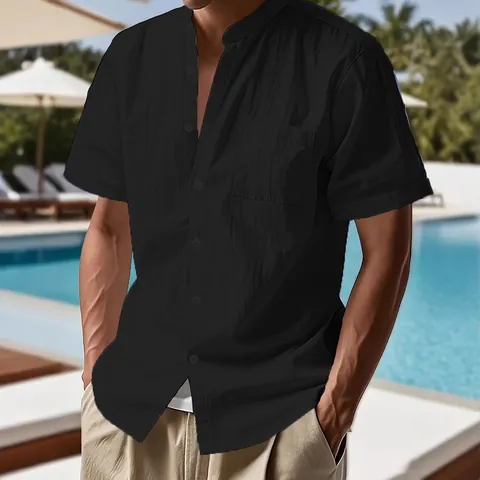 Men's Casual Short Sleeve Henley Shirt American Hawaiian Style Loose Fit Stand Collar Solid Color Summer Beach Top With Pocket