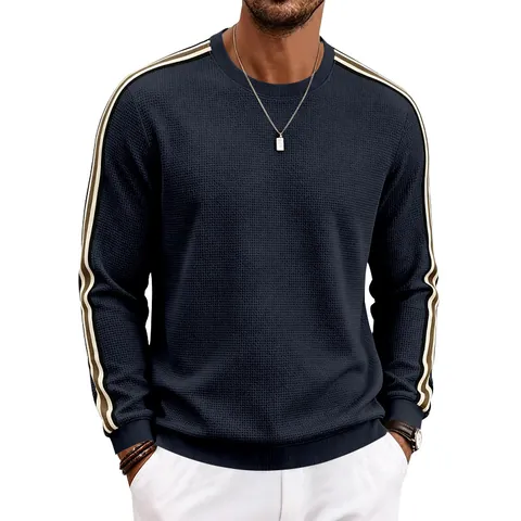Men's Casual Waffle Knit Sweatshirt Polyester Spandex Long Sleeve Crew Neck Striped Thin Pullover Top For Spring Autumn