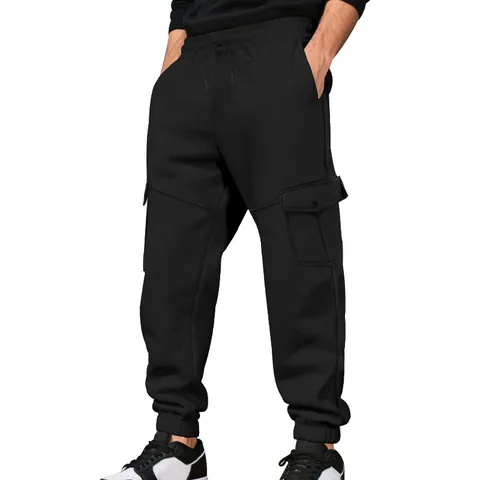 Men Fleece Lined Cargo Sweatpants Casual Loose Drawstring Multi-Pocket Jogger Pants Winter Warm Outdoor Sportswear Trousers