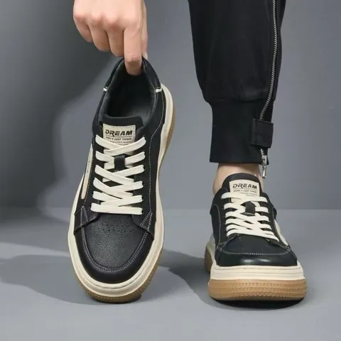 Scarpe da Skateboard da Uomo in Vera Pelle Retrò Pelle Bovina di Primo Strato Suola Spessa Traspirante Sneaker alla Moda Allacciate