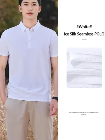 Men Cooling Polyester Polo Shirt Top High Elastic Seamless Breathable Short Sleeve Business Casual Solid Color Summer Men Top